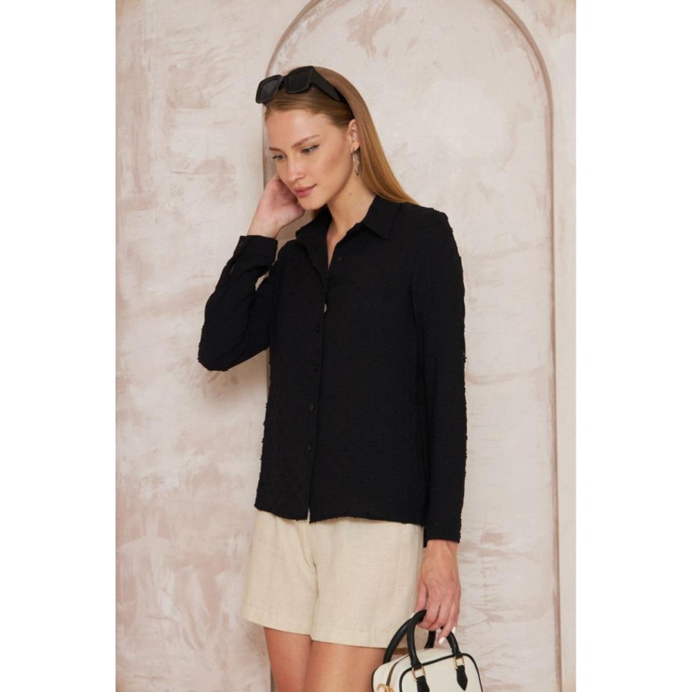 Pasaklı Giyim Pasaklı Giyim Ponponlu Slim Fit Uzun Kollu Gömlek Siyah - Premium Kadın Giyim