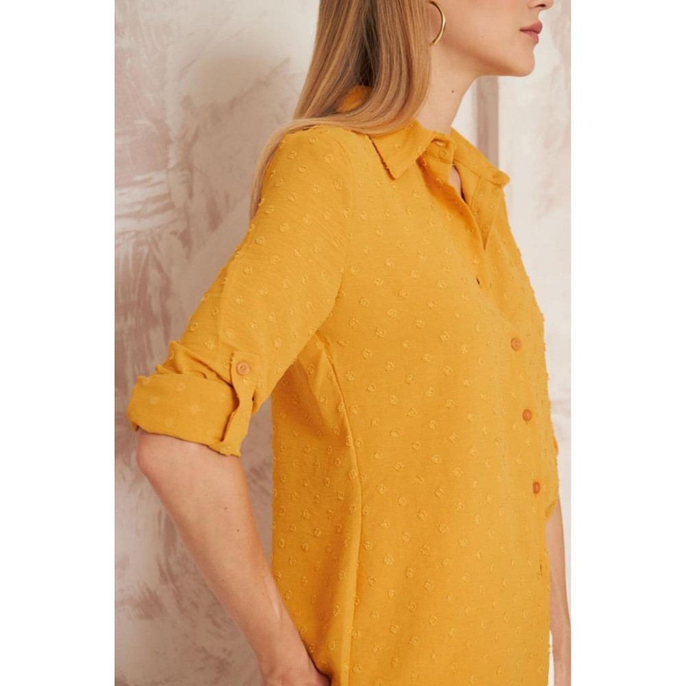 Pasaklı Giyim Pasaklı Giyim Ponponlu Slim Fit Uzun Kollu Gömlek Hardal - Premium Kadın Giyim