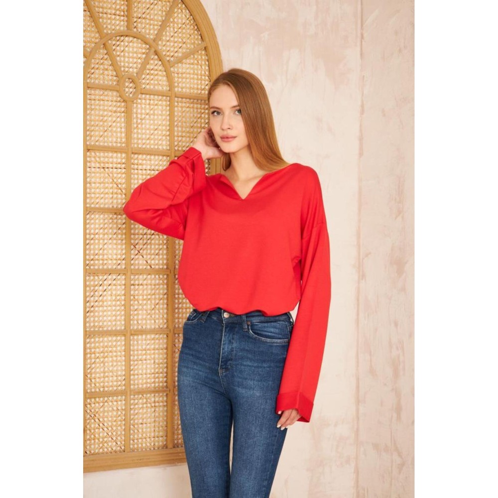 Pasaklı Giyim Pasaklı Giyim Kadın Duble Kol / Yakası Yırtmaçlı Salaş Sweatshirt Kırmızı - Premium Kadın Giyim