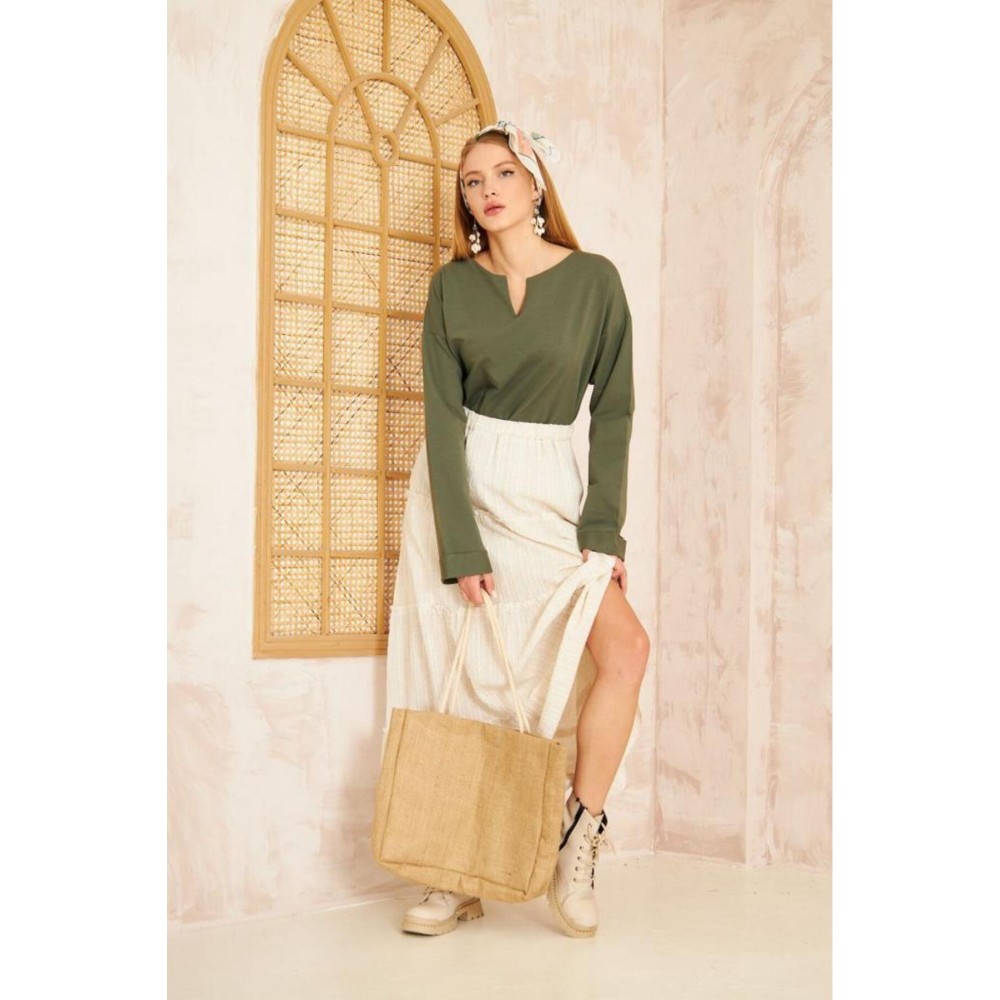 Pasaklı Giyim Pasaklı Giyim Kadın Duble Kol / Yakası Yırtmaçlı Salaş Sweatshirt Haki - Premium Kadın Giyim