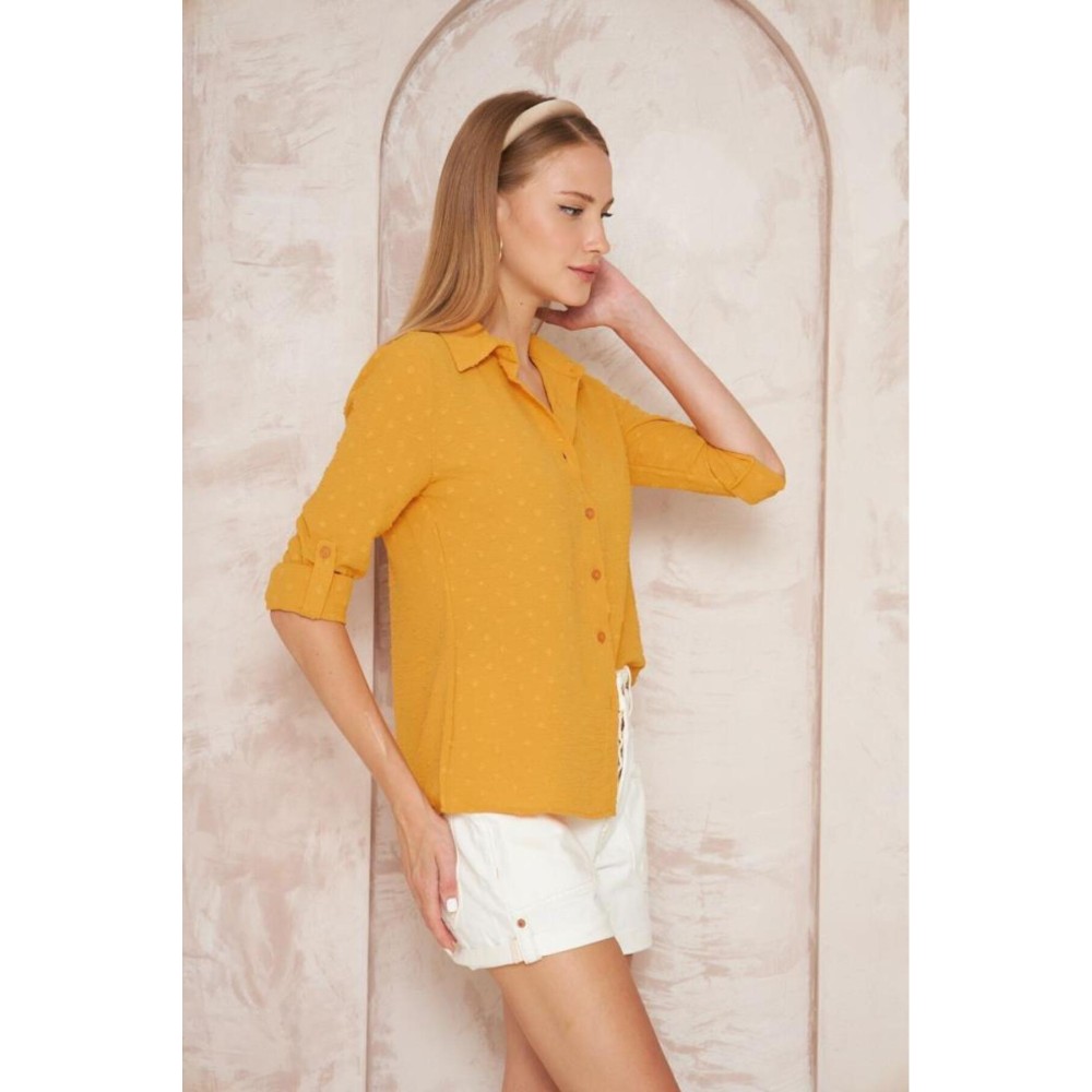 Pasaklı Giyim Pasaklı Giyim Ponponlu Slim Fit Uzun Kollu Gömlek Hardal - Premium Kadın Giyim