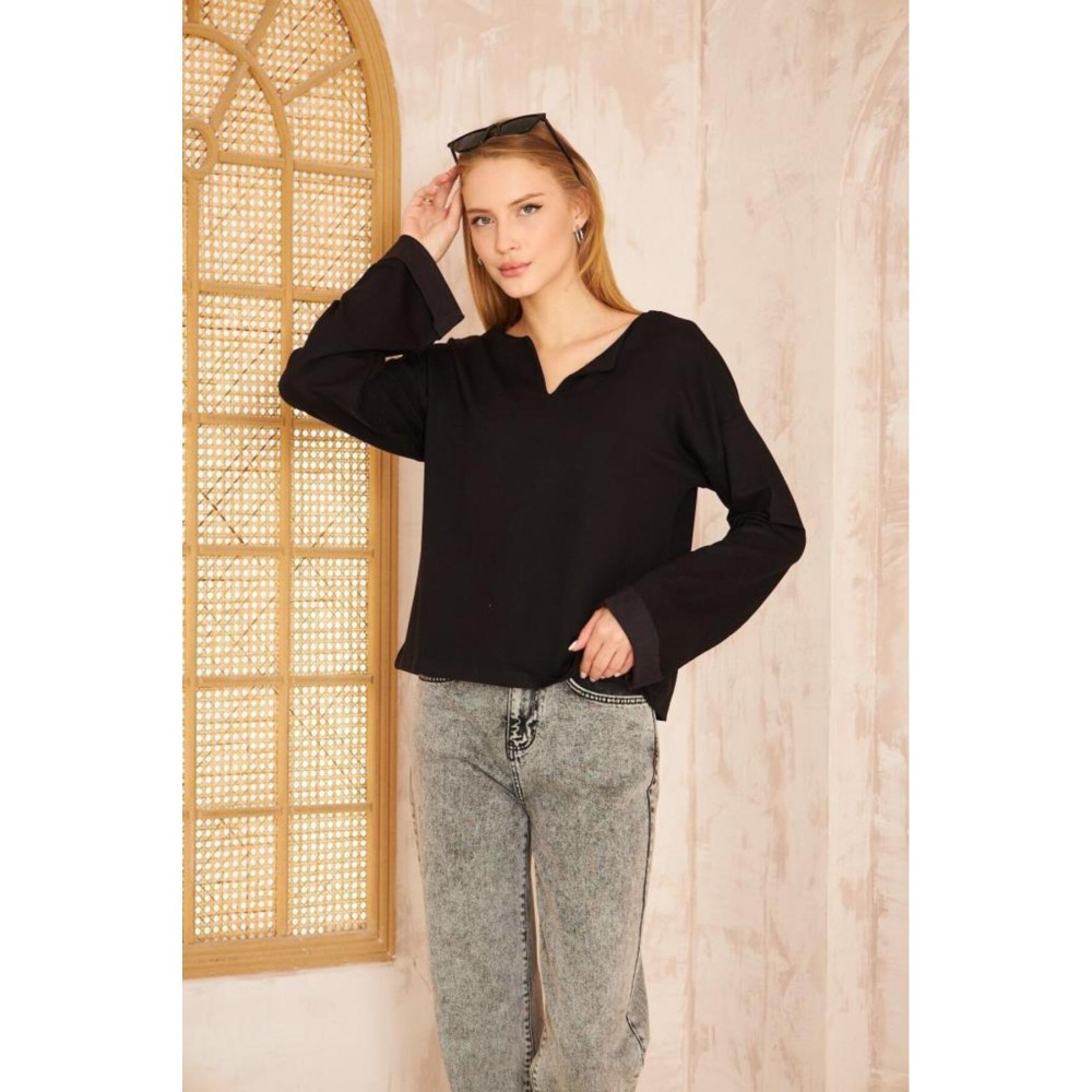 Pasaklı Giyim Pasaklı Giyim Kadın Duble Kol / Yakası Yırtmaçlı Salaş Sweatshirt Siyah - Premium Kadın Giyim