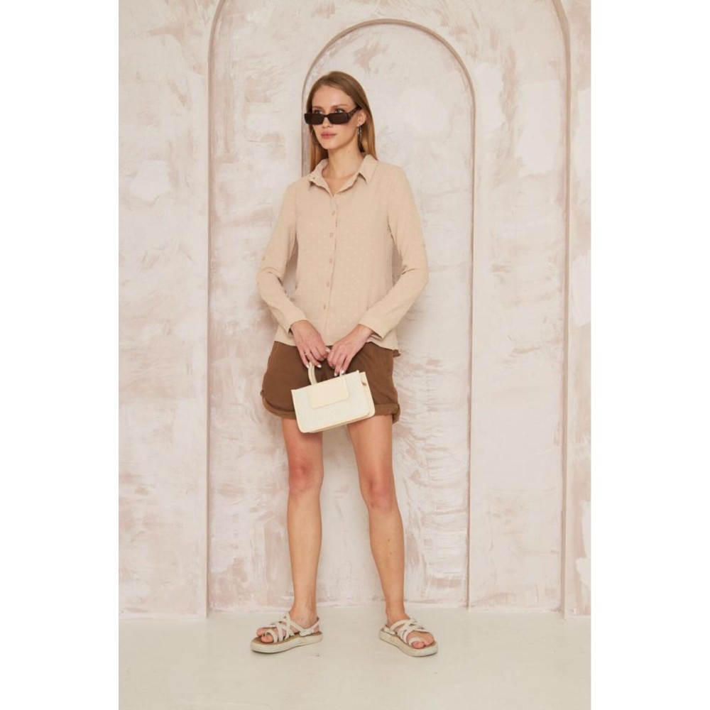 Pasaklı Giyim Pasaklı Giyim Ponponlu Slim Fit Uzun Kollu Gömlek Taş - Premium Kadın Giyim