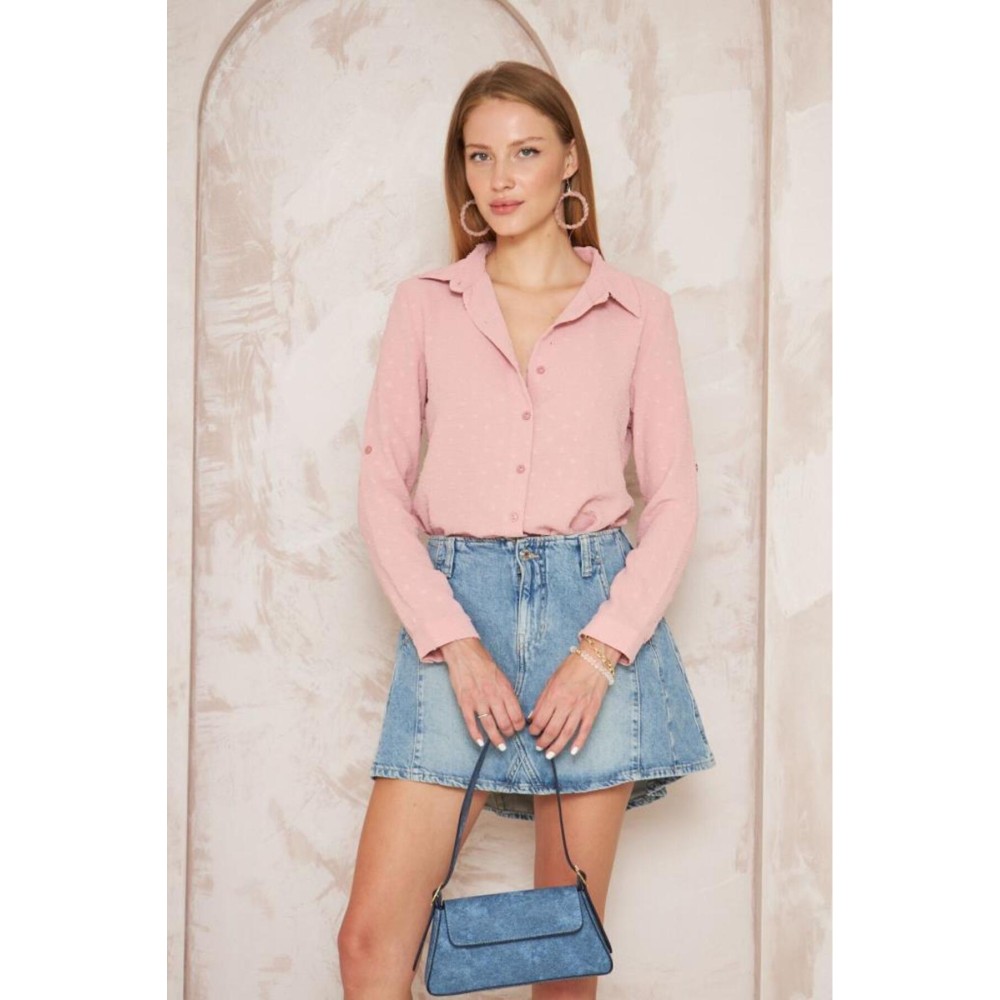 Pasaklı Giyim Pasaklı Giyim Ponponlu Slim Fit Uzun Kollu Gömlek Pudra - Premium Kadın Giyim