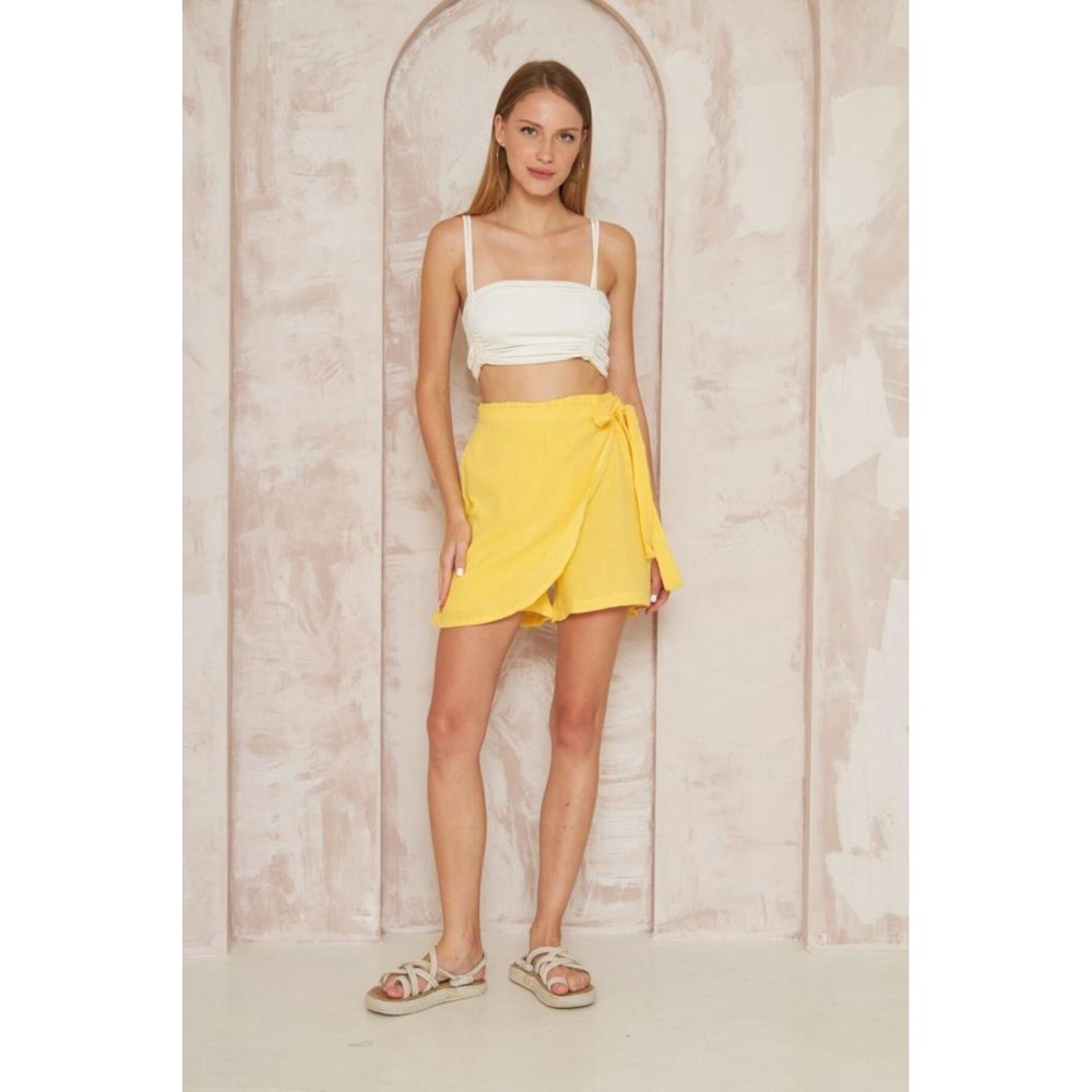 Pasaklı Giyim Pasaklı Giyim Kadın Müslin Pamuk Yandan Bağlamalı Şort Etek Sarı - Premium Kadın Giyim