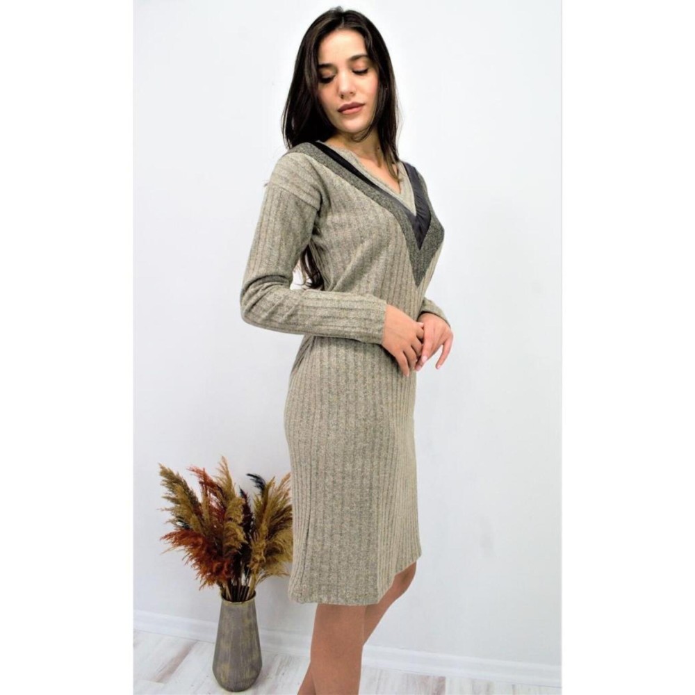 Pasaklı Giyim Pasaklı Giyim Kadın Garnili Yumoş Triko Elbise Bej - Premium Kadın Giyim