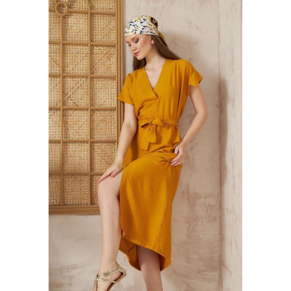 Pasaklı Giyim Pasaklı Giyim Kadın Yırtmaçlı Elbise Hardal - Premium Kadın Giyim