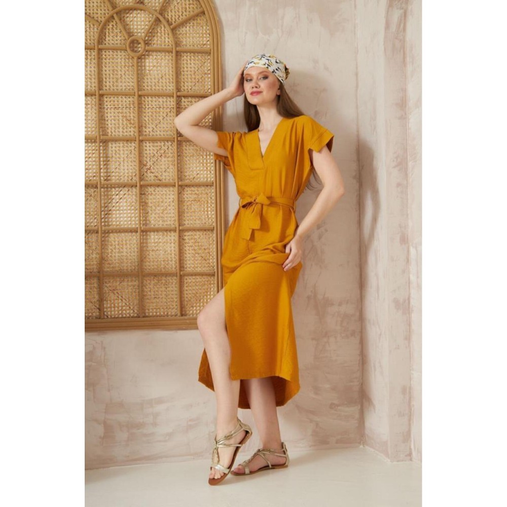 Pasaklı Giyim Pasaklı Giyim Kadın Yırtmaçlı Elbise Hardal - Premium Kadın Giyim