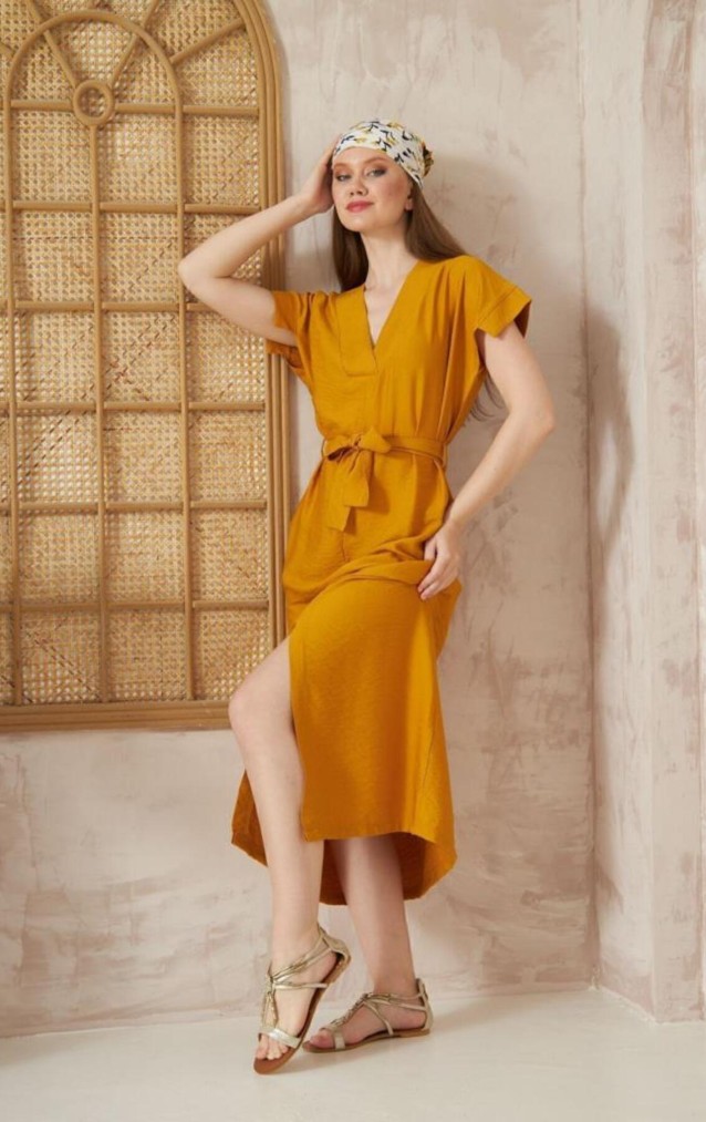 Pasaklı Giyim Kadın Yırtmaçlı Elbise 3221420 Hardal