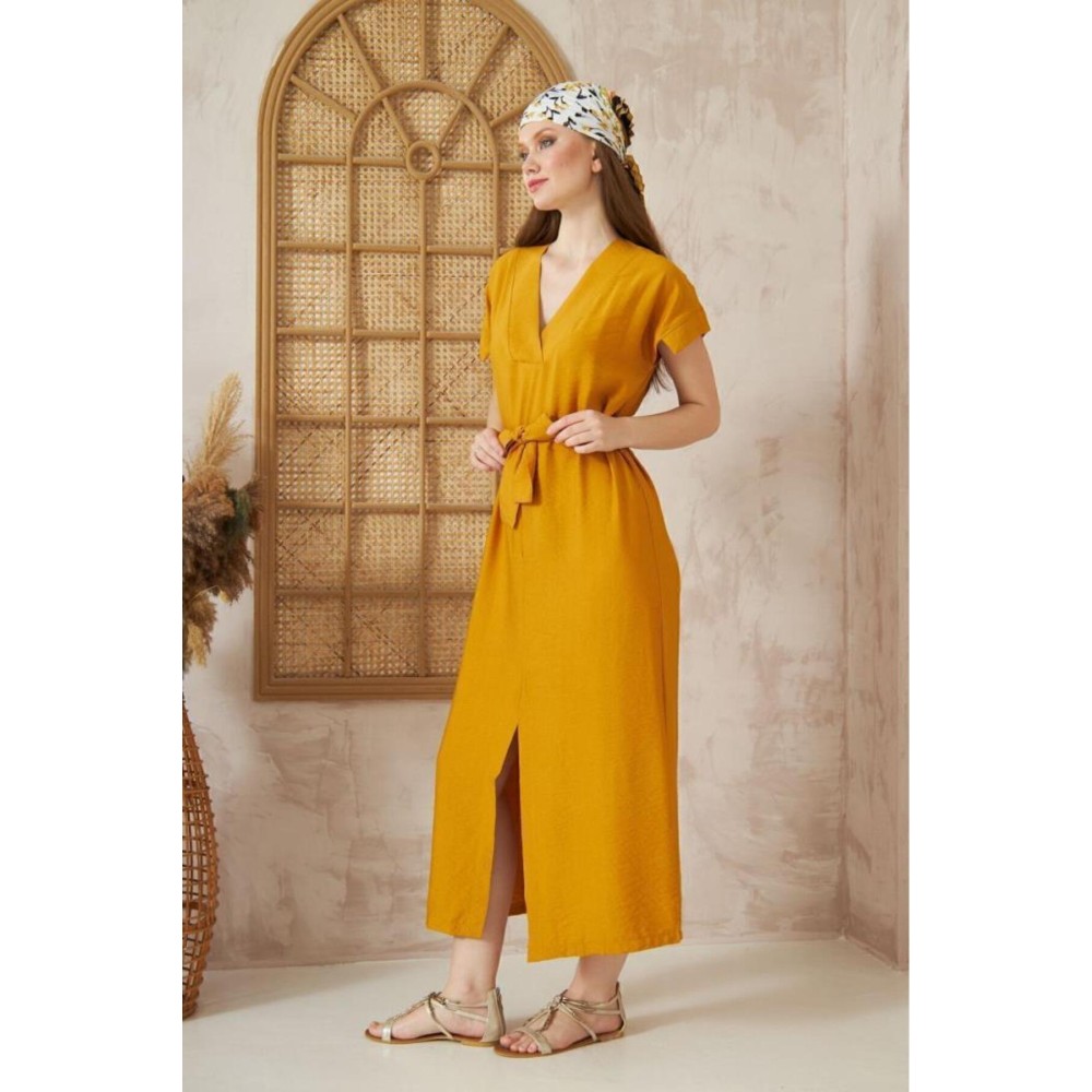 Pasaklı Giyim Pasaklı Giyim Kadın Yırtmaçlı Elbise Hardal - Premium Kadın Giyim