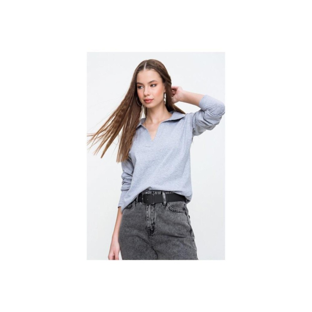 Pasaklı Giyim Pasaklı Giyim Kadın Polo Yaka Keten Bluz Gri - Premium Kadın Giyim