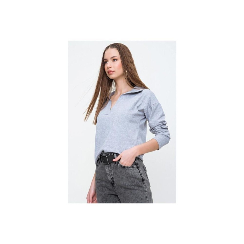 Pasaklı Giyim Pasaklı Giyim Kadın Polo Yaka Keten Bluz Gri - Premium Kadın Giyim