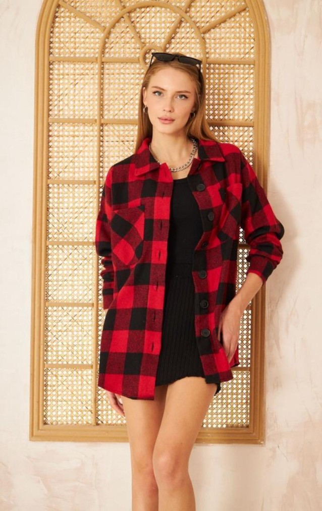 Pasaklı Giyim Kadın Kaşe Ekose Oduncu Gömlek 3539363 Kırmızı