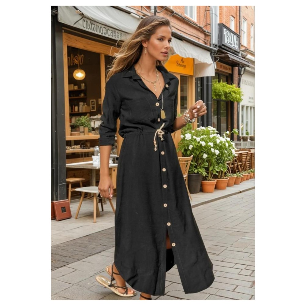 Pasaklı Giyim Pasaklı Giyim Kadın Hasır Kemerli Gömlek Elbise Siyah - Premium Kadın Giyim