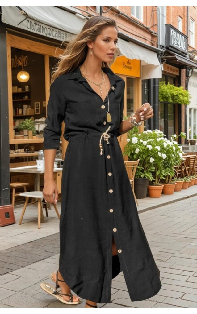 Pasaklı Giyim Kadın Hasır Kemerli Gömlek Elbise 2837451 Siyah