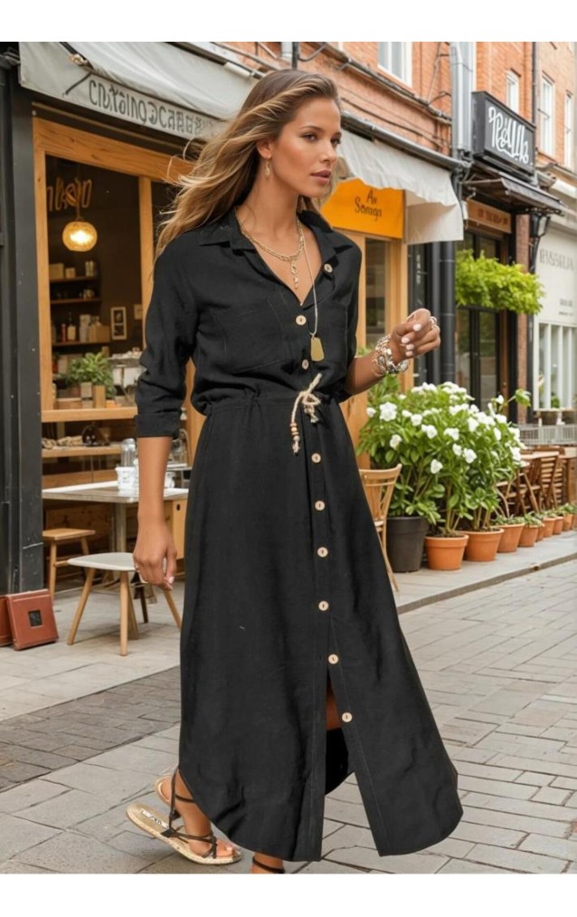 Pasaklı Giyim Kadın Hasır Kemerli Gömlek Elbise 2837451 Siyah