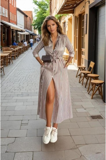 Pasaklı Giyim Kadın Dik Çizgili Cepli Kemerli Rahat Gömlek Elbise – Bilek Boy – 3259550