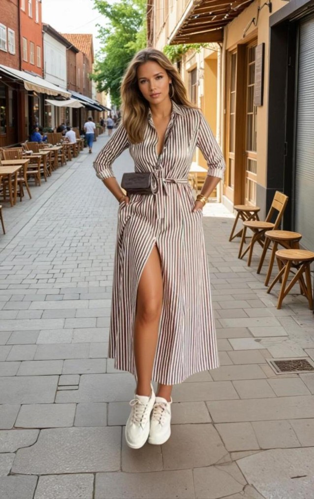 Pasaklı Giyim Kadın Dik Çizgili Cepli Kemerli Rahat Gömlek Elbise – Bilek Boy – 3259550