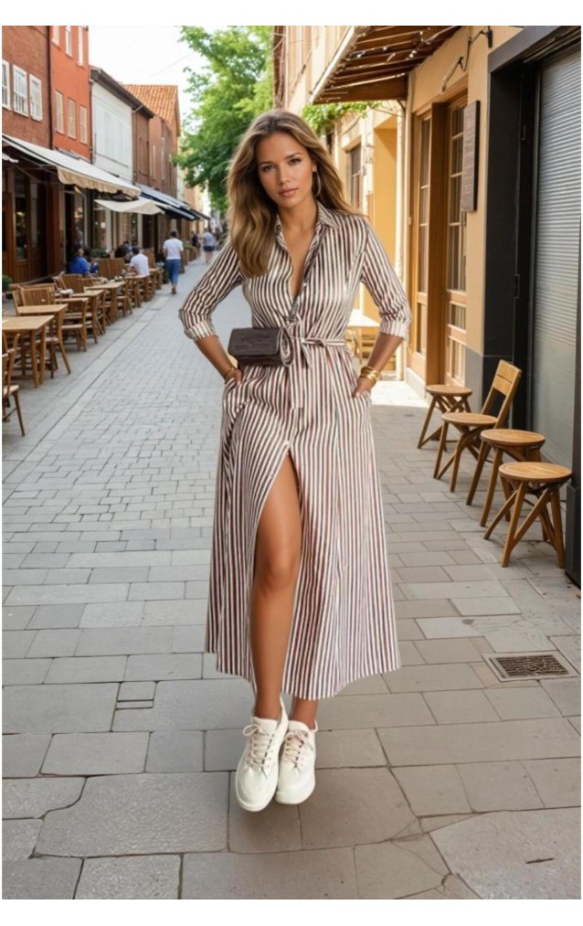 Pasaklı Giyim Kadın Dik Çizgili Cepli Kemerli Rahat Gömlek Elbise – Bilek Boy – 3259550