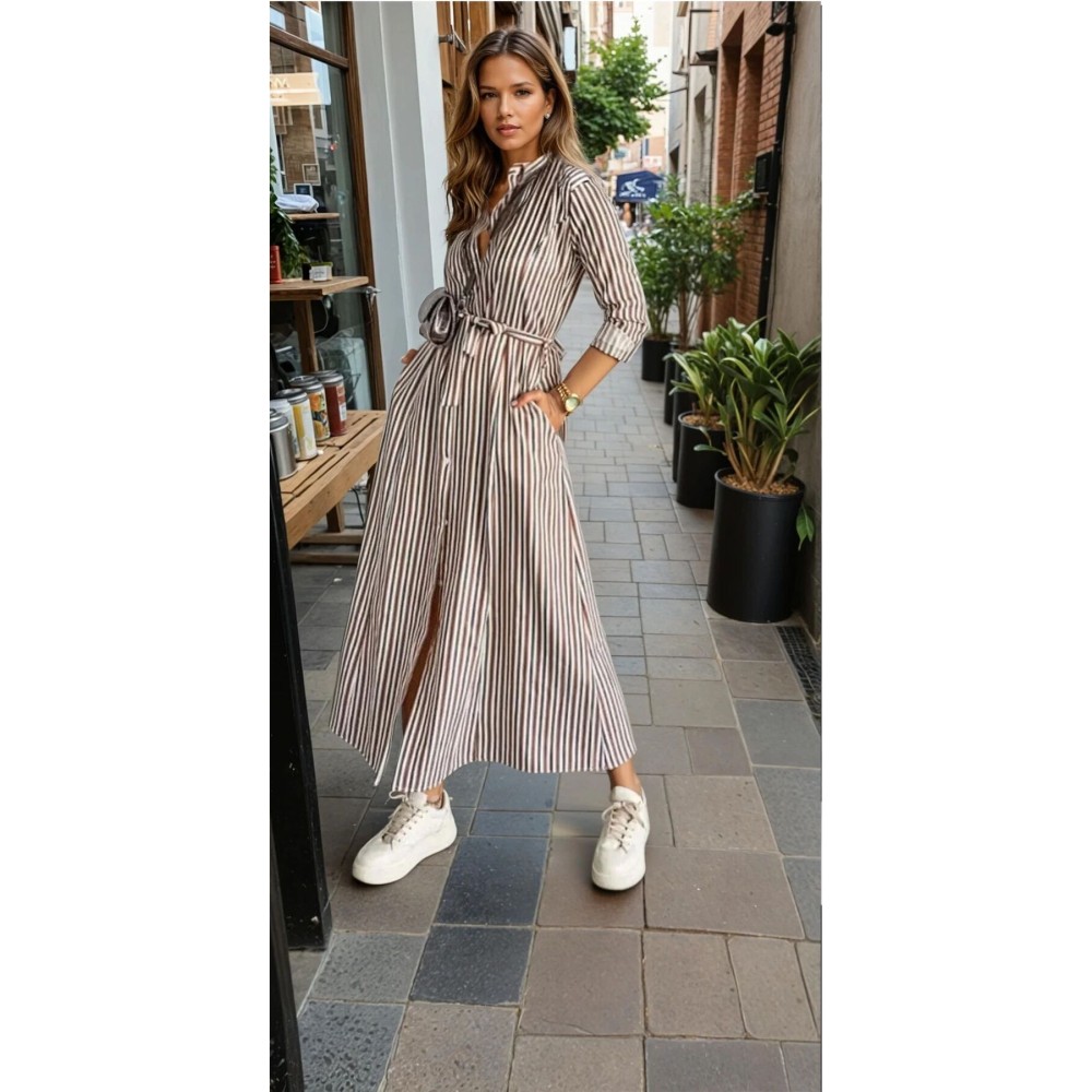 Pasaklı Giyim Pasaklı Giyim Kadın Dik Çizgili Cepli Kemerli Rahat Gömlek Elbise – Bilek Boy – - Premium Kadın Giyim