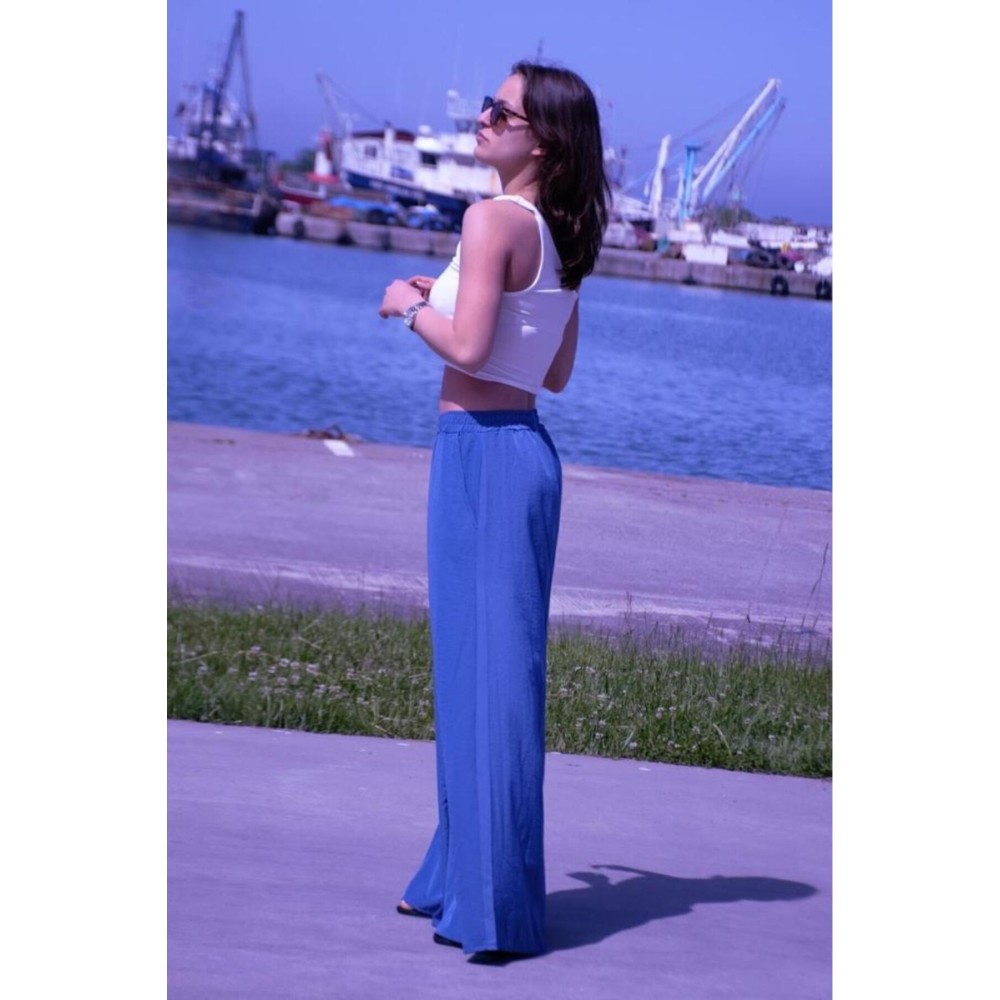 Pasaklı Giyim Pasaklı Giyim Beli Lastikli Tensel Kumaş Pantolon Mavi - Premium Kadın Giyim