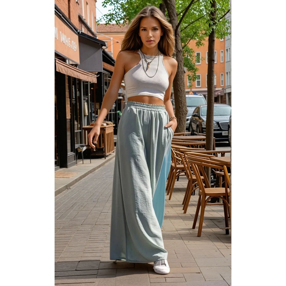 Pasaklı Giyim Pasaklı Giyim Beli Lastikli Tensel Kumaş Pantolon Mint Yeşil - Premium Kadın Giyim