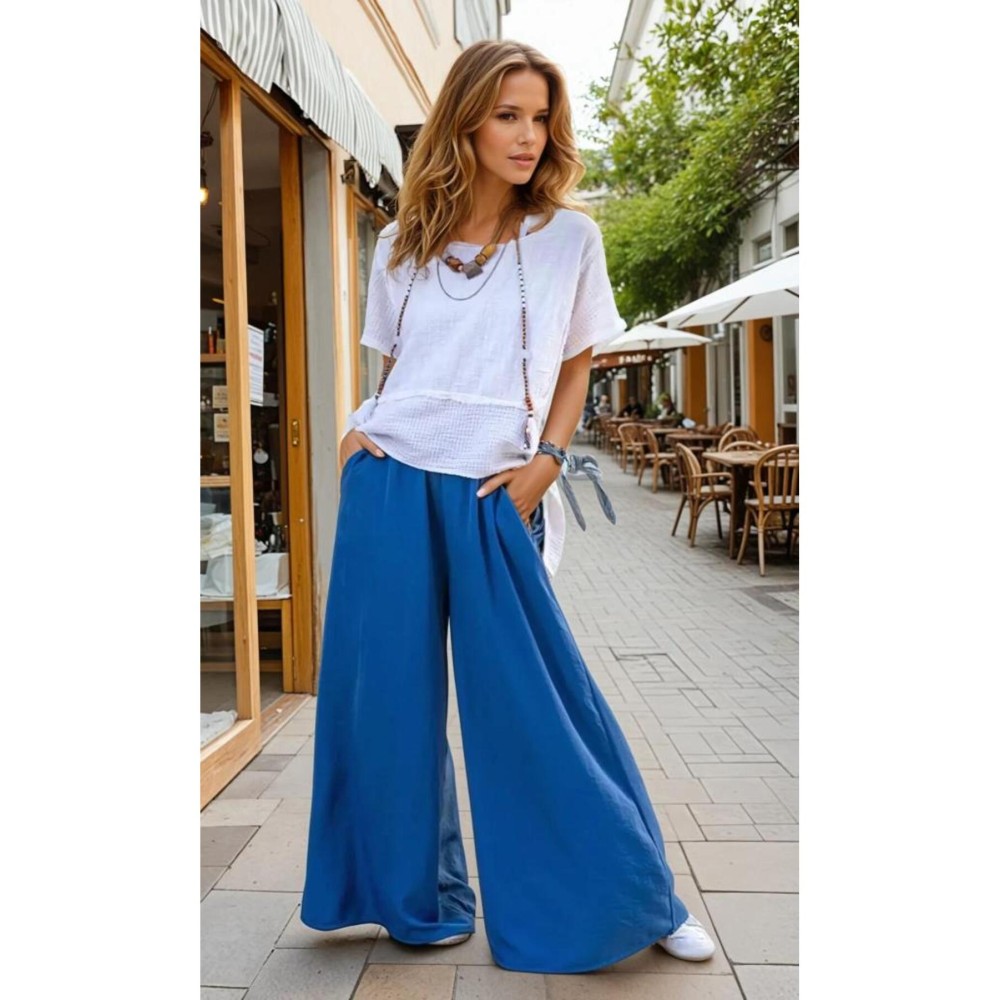 Pasaklı Giyim Pasaklı Giyim Beli Lastikli Tensel Kumaş Pantolon Mavi - Premium Kadın Giyim