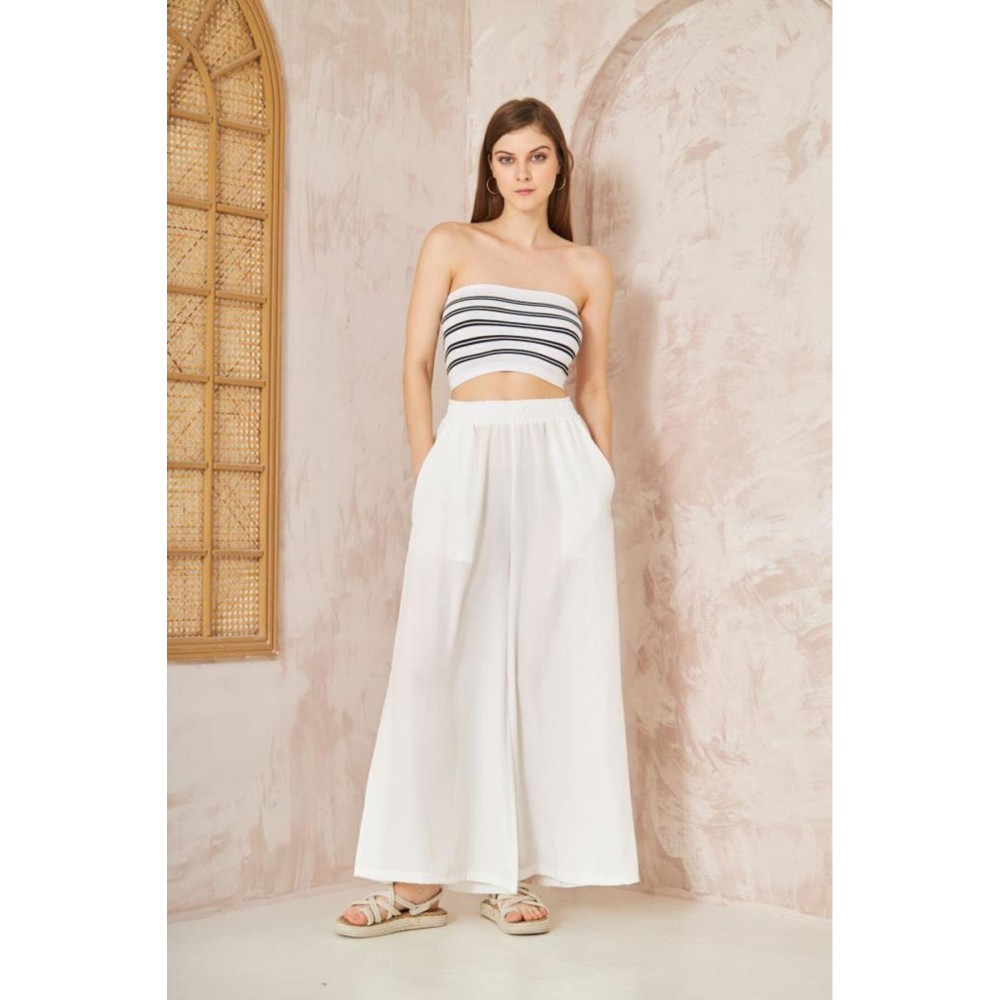 Pasaklı Giyim Pasaklı Giyim Beli Lastikli Tensel Kumaş Pantolon Beyaz - Premium Kadın Giyim