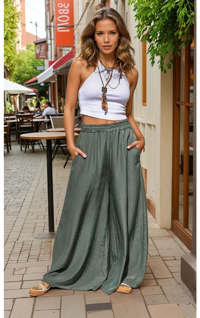 Pasaklı Giyim Beli Lastikli Tensel Kumaş Pantolon 3391341 Haki