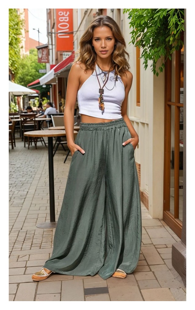 Pasaklı Giyim Beli Lastikli Tensel Kumaş Pantolon 3391341 Haki