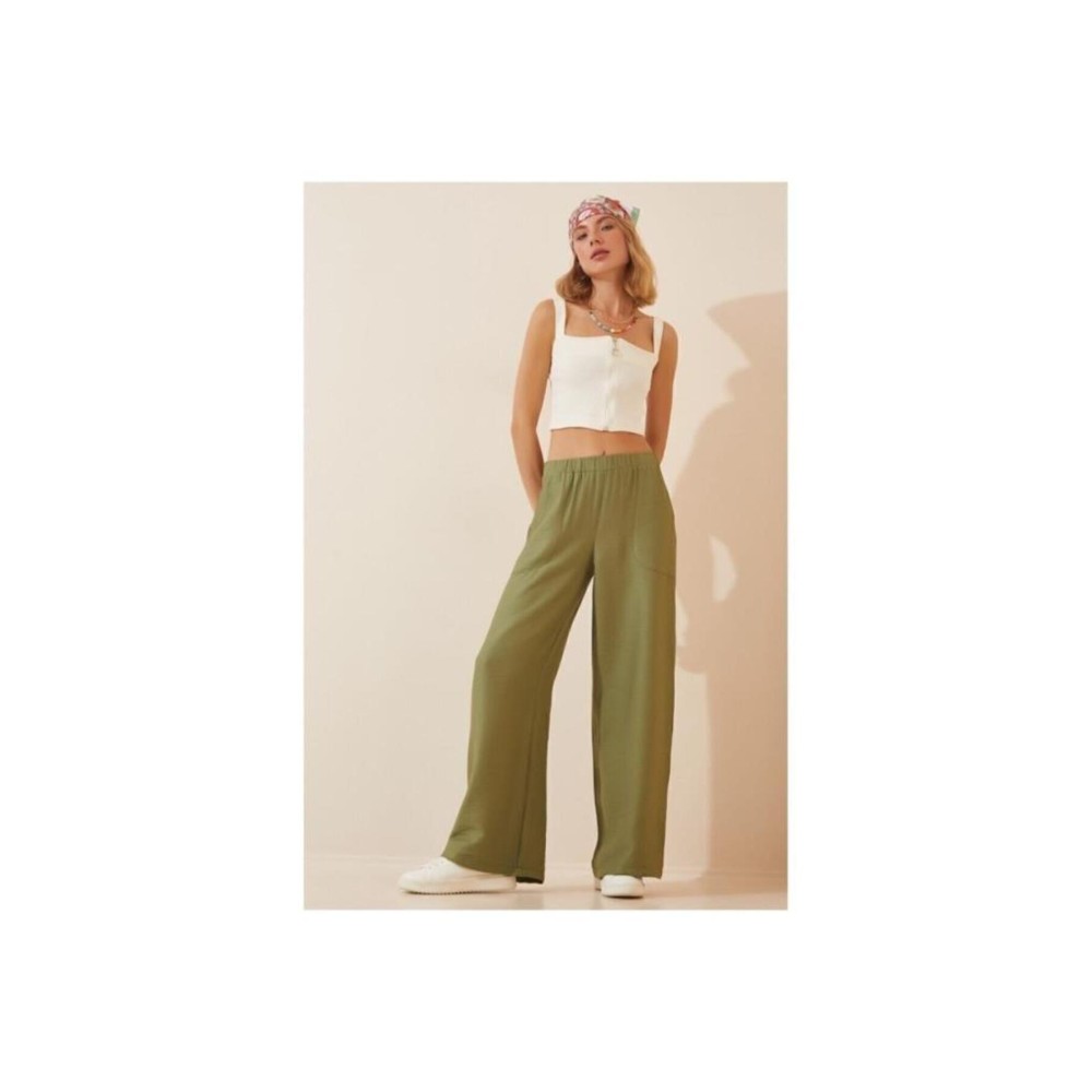 Pasaklı Giyim Pasaklı Giyim Kadın Keten Dokulu Pantolon Haki - Premium Kadın Giyim
