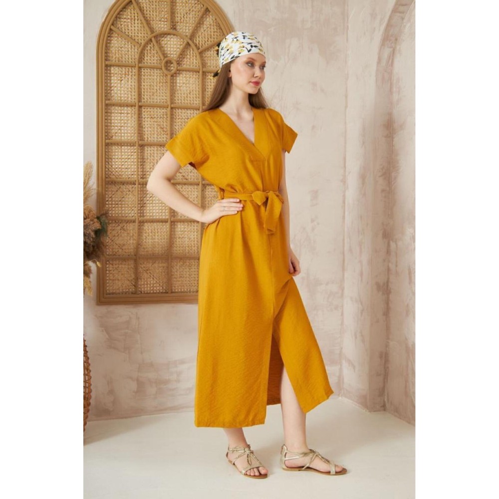 Pasaklı Giyim Pasaklı Giyim Kadın Yırtmaçlı Elbise Hardal - Premium Kadın Giyim