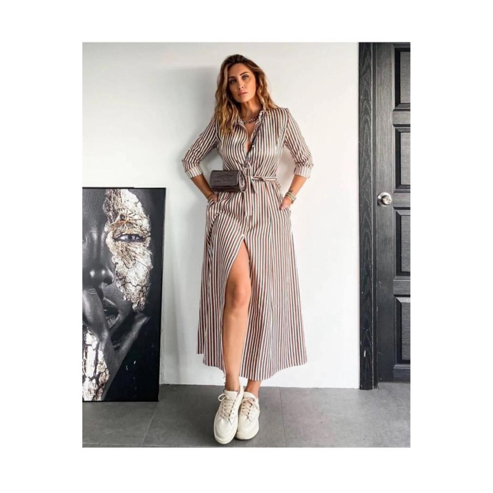 Pasaklı Giyim Pasaklı Giyim Kadın Dik Çizgili Cepli Kemerli Rahat Gömlek Elbise – Bilek Boy – - Premium Kadın Giyim