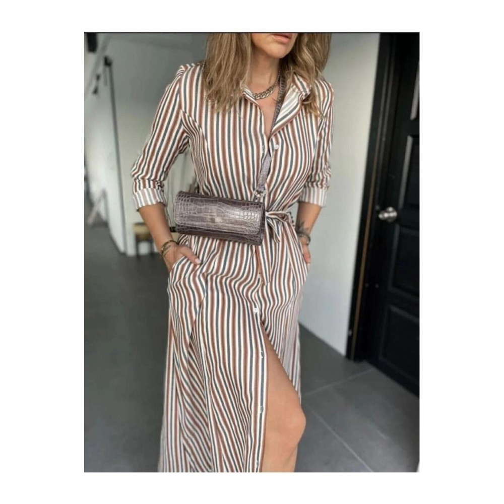 Pasaklı Giyim Pasaklı Giyim Kadın Dik Çizgili Cepli Kemerli Rahat Gömlek Elbise – Bilek Boy – - Premium Kadın Giyim