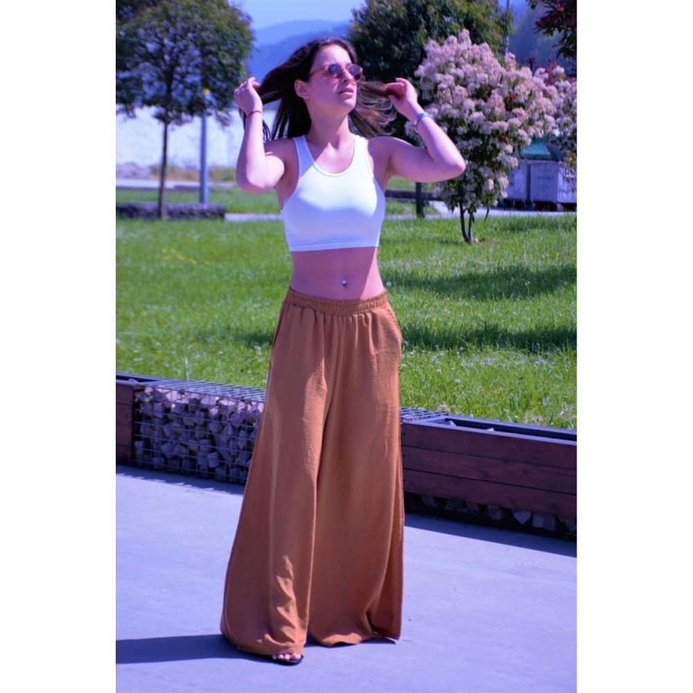 Pasaklı Giyim Pasaklı Giyim Beli Lastikli Tensel Kumaş Pantolon Taba - Premium Kadın Giyim