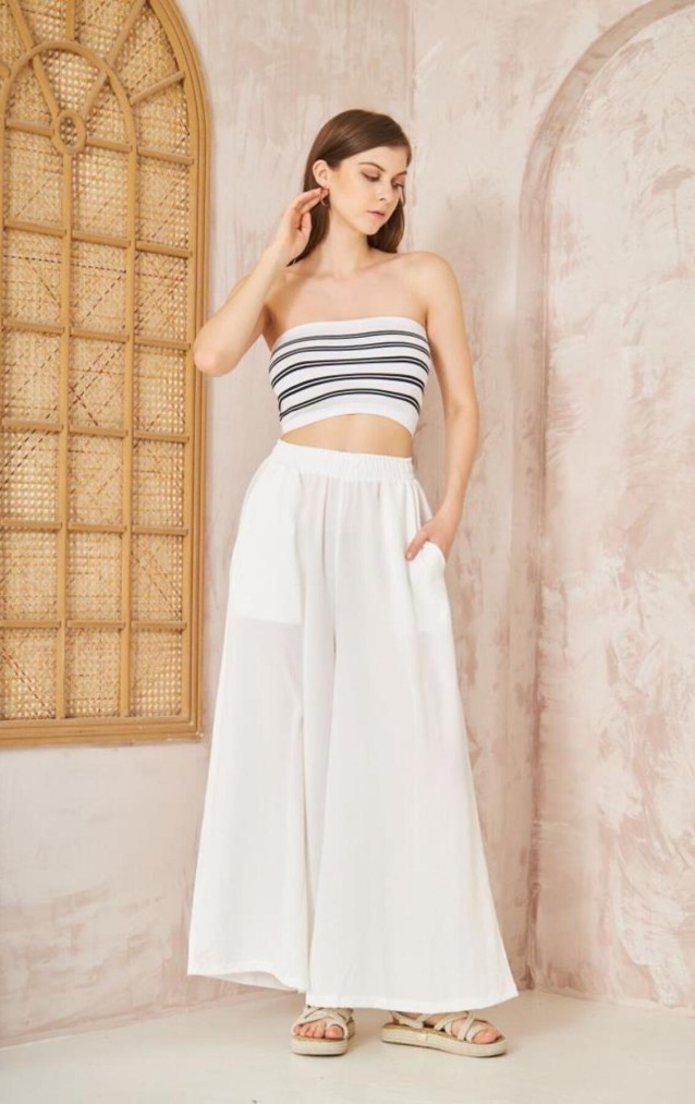 Pasaklı Giyim Beli Lastikli Tensel Kumaş Pantolon 3391341 Beyaz