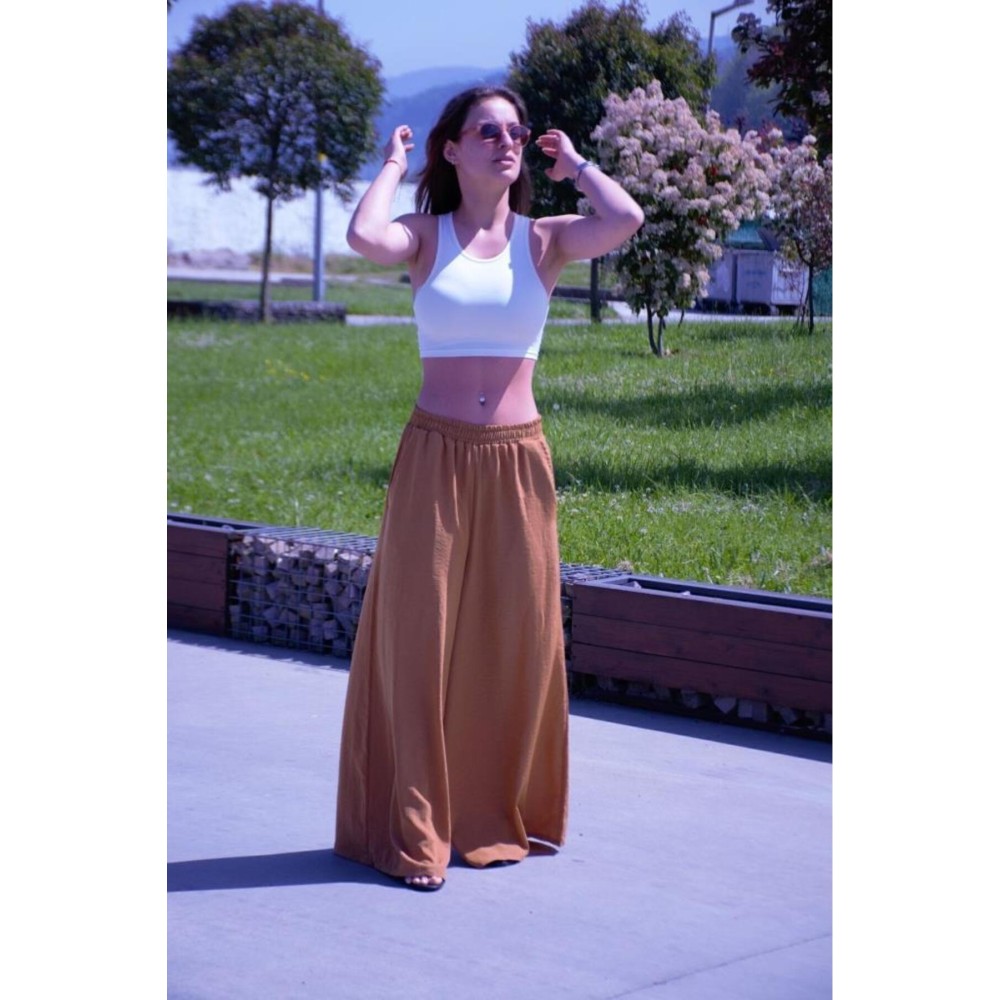 Pasaklı Giyim Pasaklı Giyim Beli Lastikli Tensel Kumaş Pantolon Taba - Premium Kadın Giyim