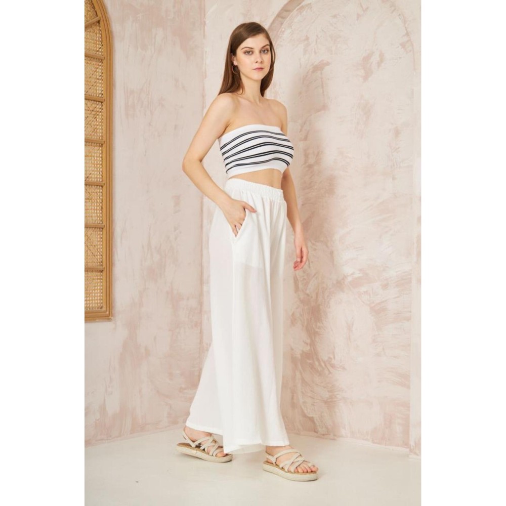 Pasaklı Giyim Pasaklı Giyim Beli Lastikli Tensel Kumaş Pantolon Beyaz - Premium Kadın Giyim