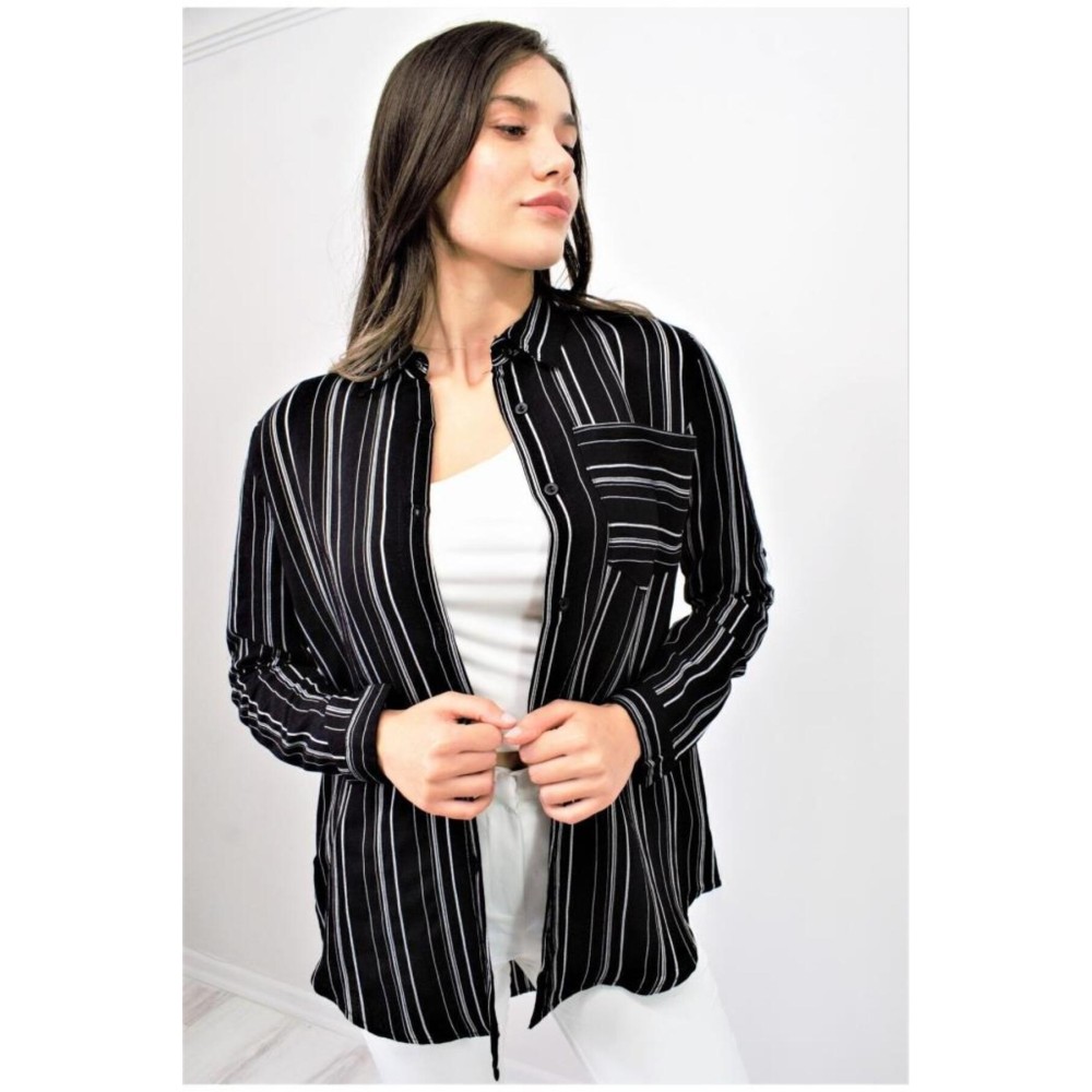 Pasaklı Giyim Pasaklı Giyim Kadın Çizgili Gömlek Siyah - Premium Kadın Giyim