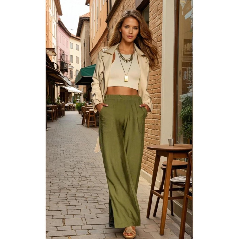 Pasaklı Giyim Pasaklı Giyim Kadın Keten Dokulu Pantolon Haki - Premium Kadın Giyim