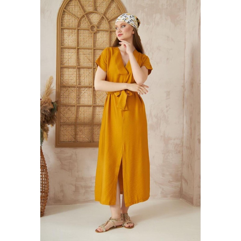 Pasaklı Giyim Pasaklı Giyim Kadın Yırtmaçlı Elbise Hardal - Premium Kadın Giyim