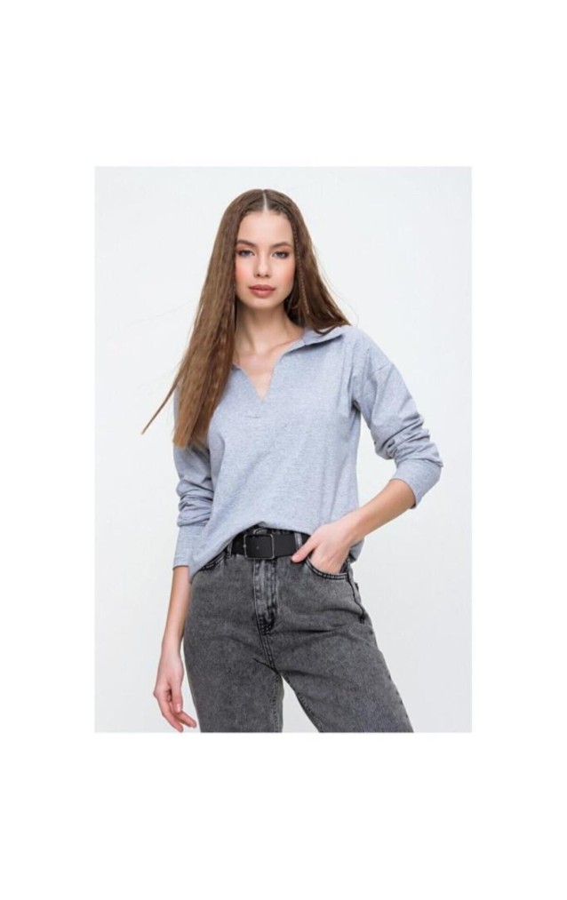 Pasaklı Giyim Kadın Polo Yaka Keten Bluz 2749 Gri