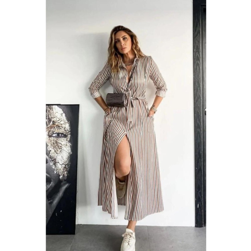 Pasaklı Giyim Pasaklı Giyim Kadın Dik Çizgili Cepli Kemerli Rahat Gömlek Elbise – Bilek Boy – - Premium Kadın Giyim