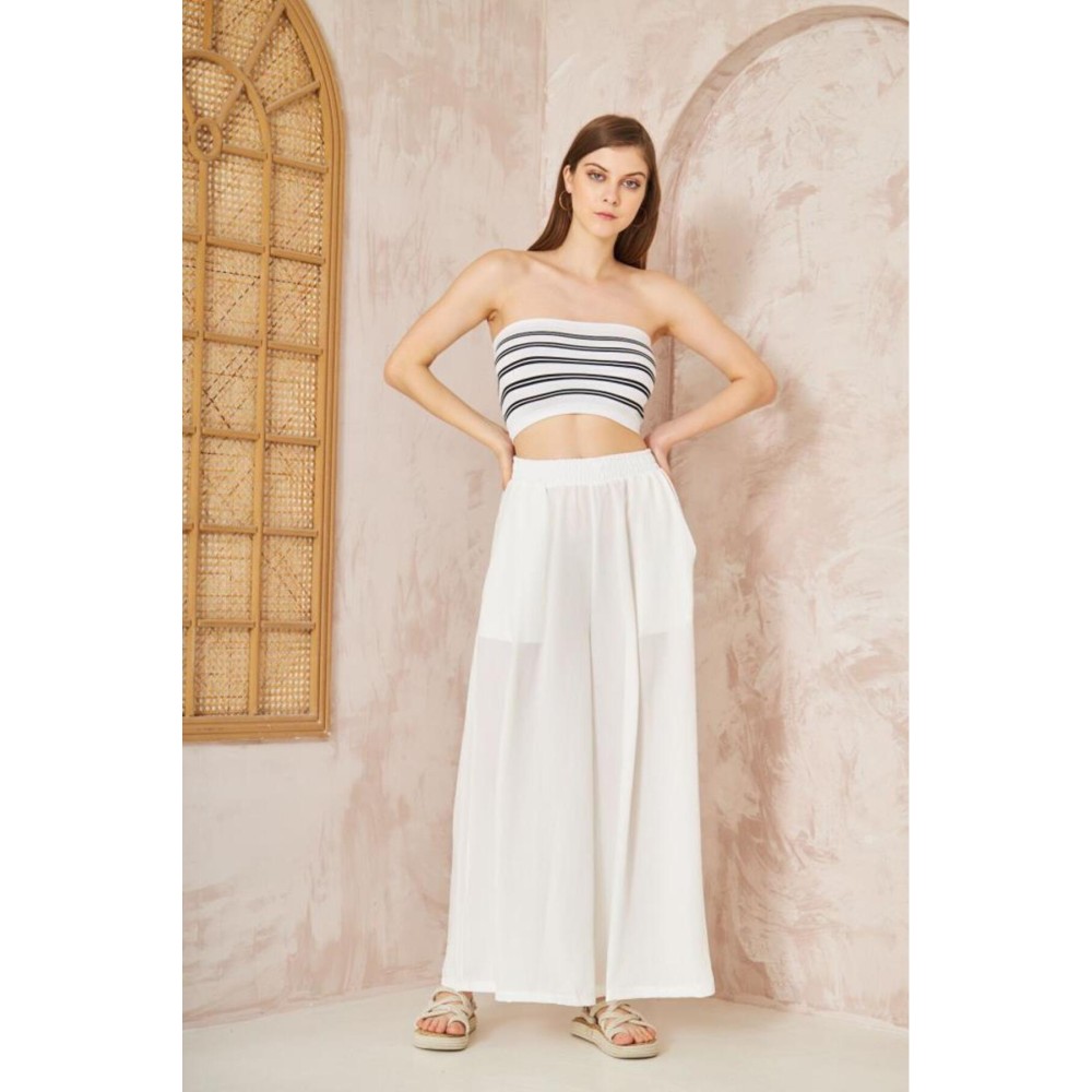 Pasaklı Giyim Pasaklı Giyim Beli Lastikli Tensel Kumaş Pantolon Beyaz - Premium Kadın Giyim