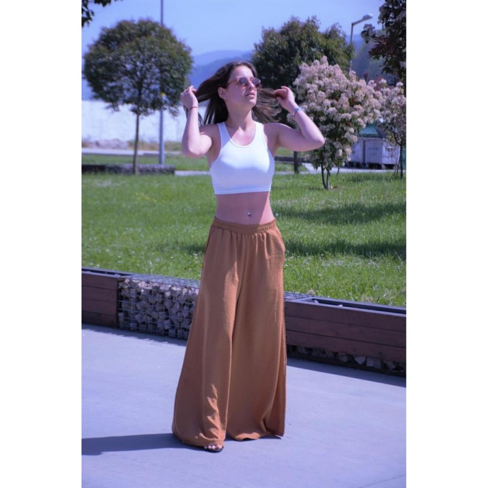 Pasaklı Giyim Pasaklı Giyim Beli Lastikli Tensel Kumaş Pantolon Taba - Premium Kadın Giyim