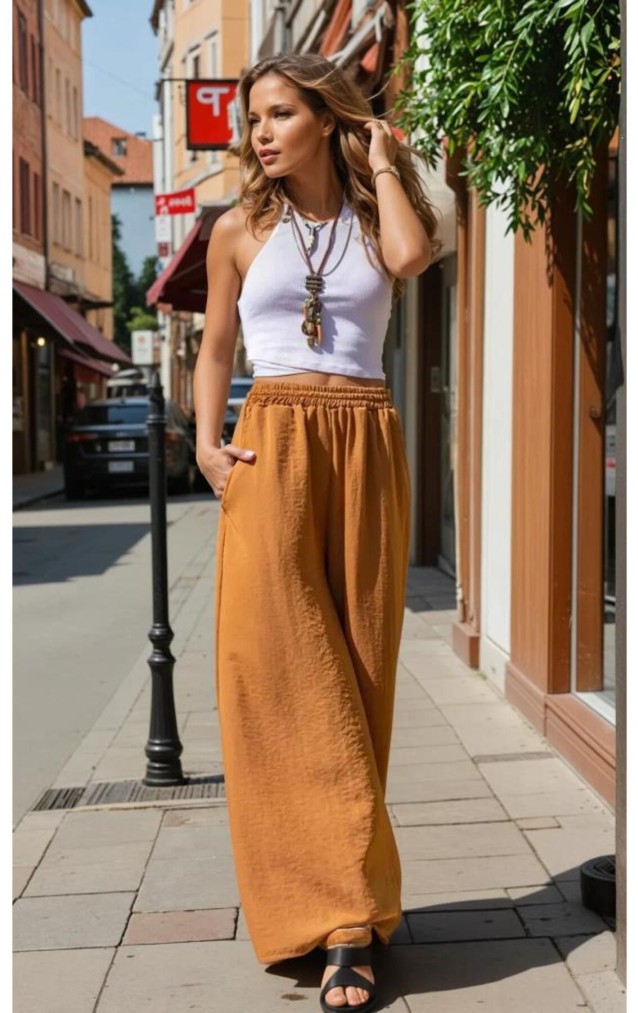 Pasaklı Giyim Beli Lastikli Tensel Kumaş Pantolon 3391341 Taba