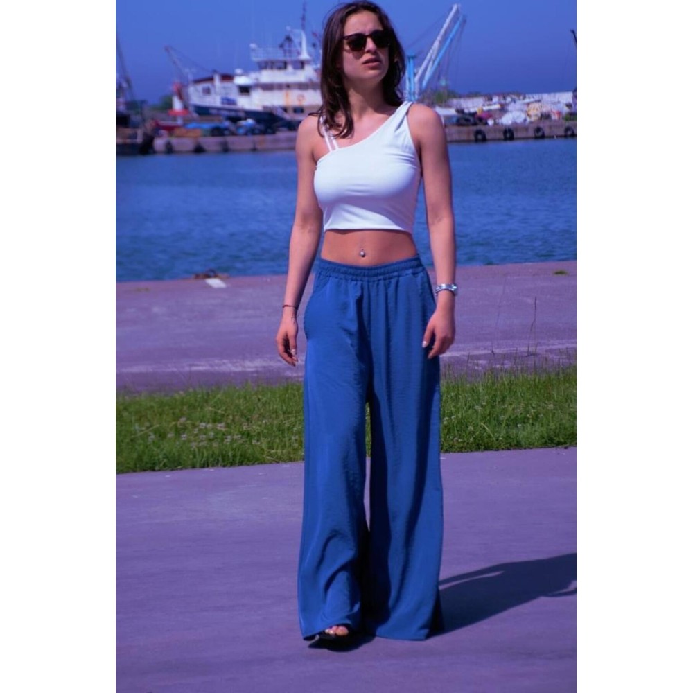 Pasaklı Giyim Pasaklı Giyim Beli Lastikli Tensel Kumaş Pantolon Mavi - Premium Kadın Giyim