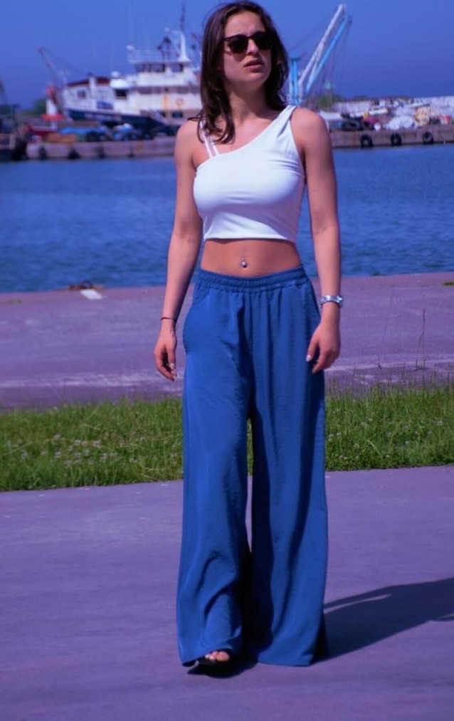 Pasaklı Giyim Beli Lastikli Tensel Kumaş Pantolon 3391341 Mavi