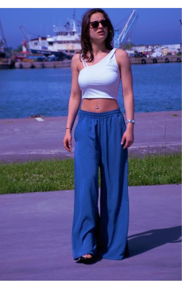 Pasaklı Giyim Beli Lastikli Tensel Kumaş Pantolon 3391341 Mavi