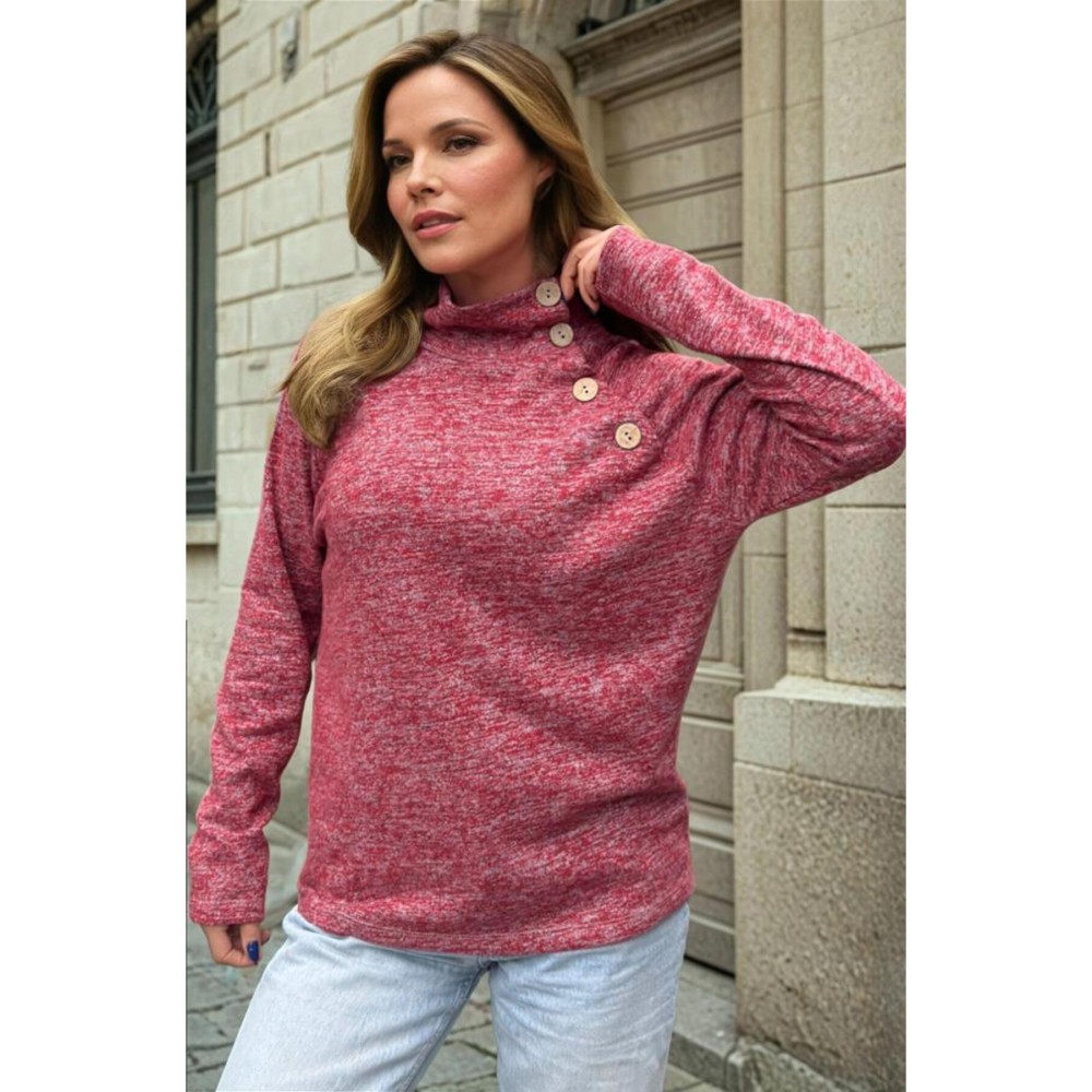 Pasaklı Giyim Pasaklı Giyim Kadın Balıkçı Yaka Düğmeli Yumoş Yün Kazak Kırmızı - Premium Kadın Giyim